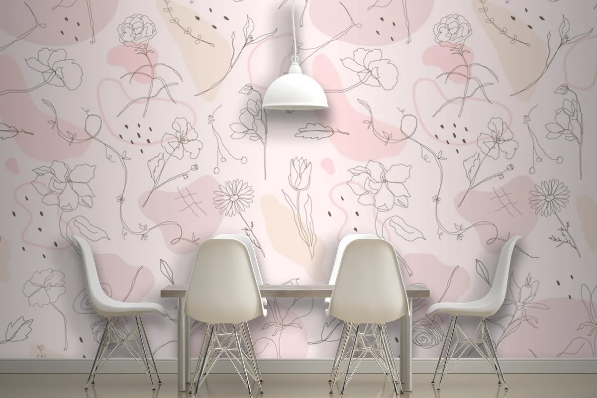 Pink Flower Pattern Wallpaper Hand Drawn Style Wallpaper Mural