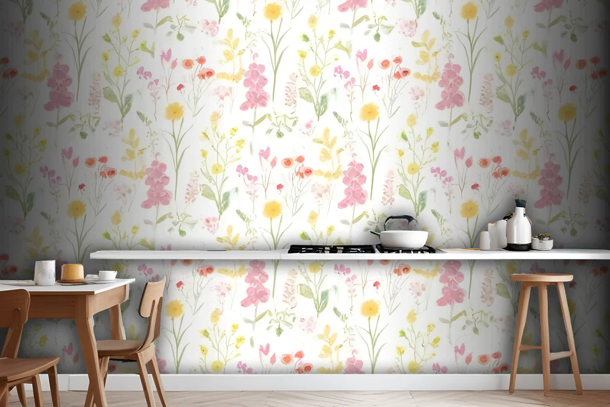 Pink Foxglove & Forget Me Not Flower Garden Wallpaper Mural