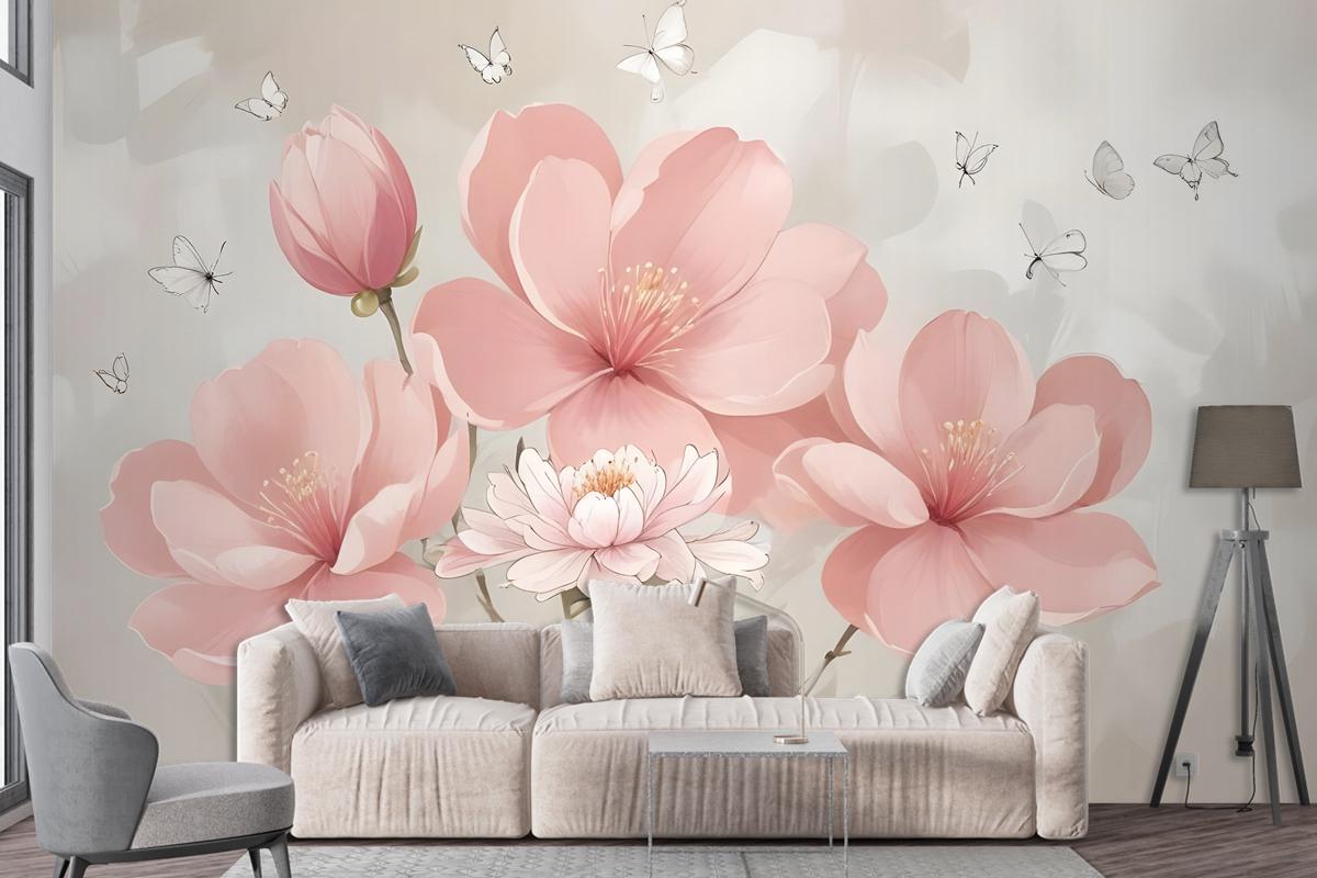 Pink Hdrangea Floral With Little Butterfly Wallpaper Mural