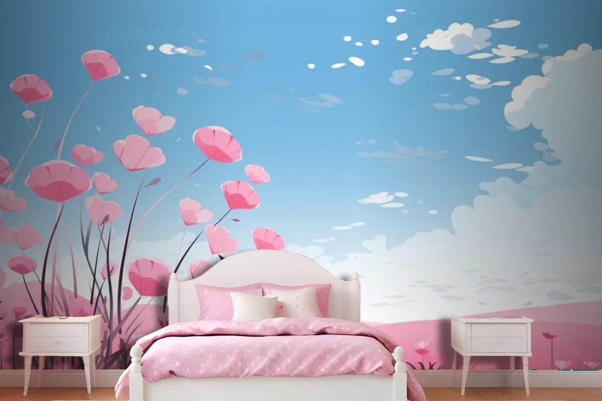 Pink Hearts In The Sky With Flowers And Clouds Wallpaper Mural