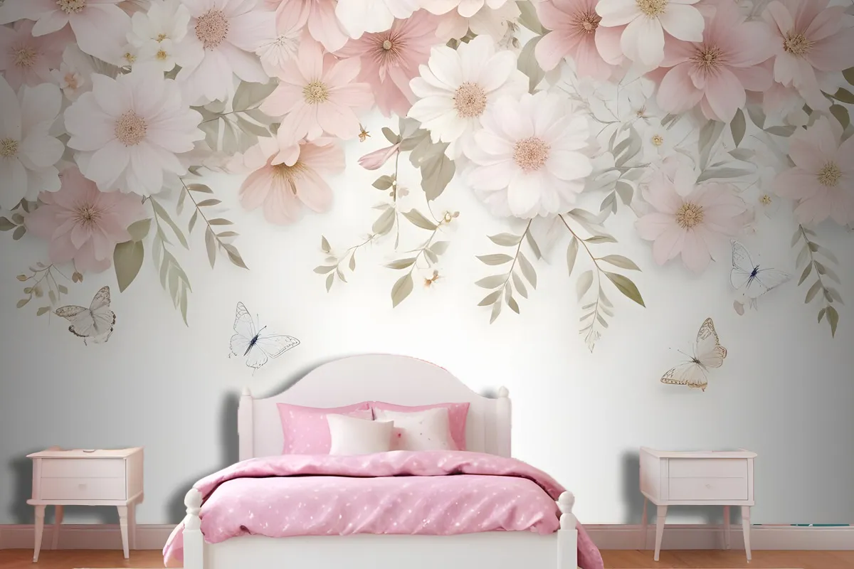 Pink Hydrangea Floral Art Wallpaper Mural