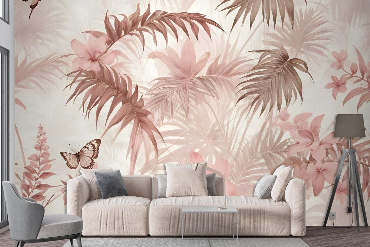 Pink Leaf And Blossom Wallpaper Mural