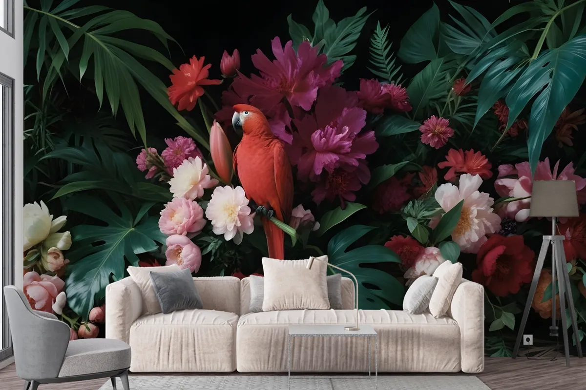 Red Parrot With Colorful Floral Wallpaper Mural