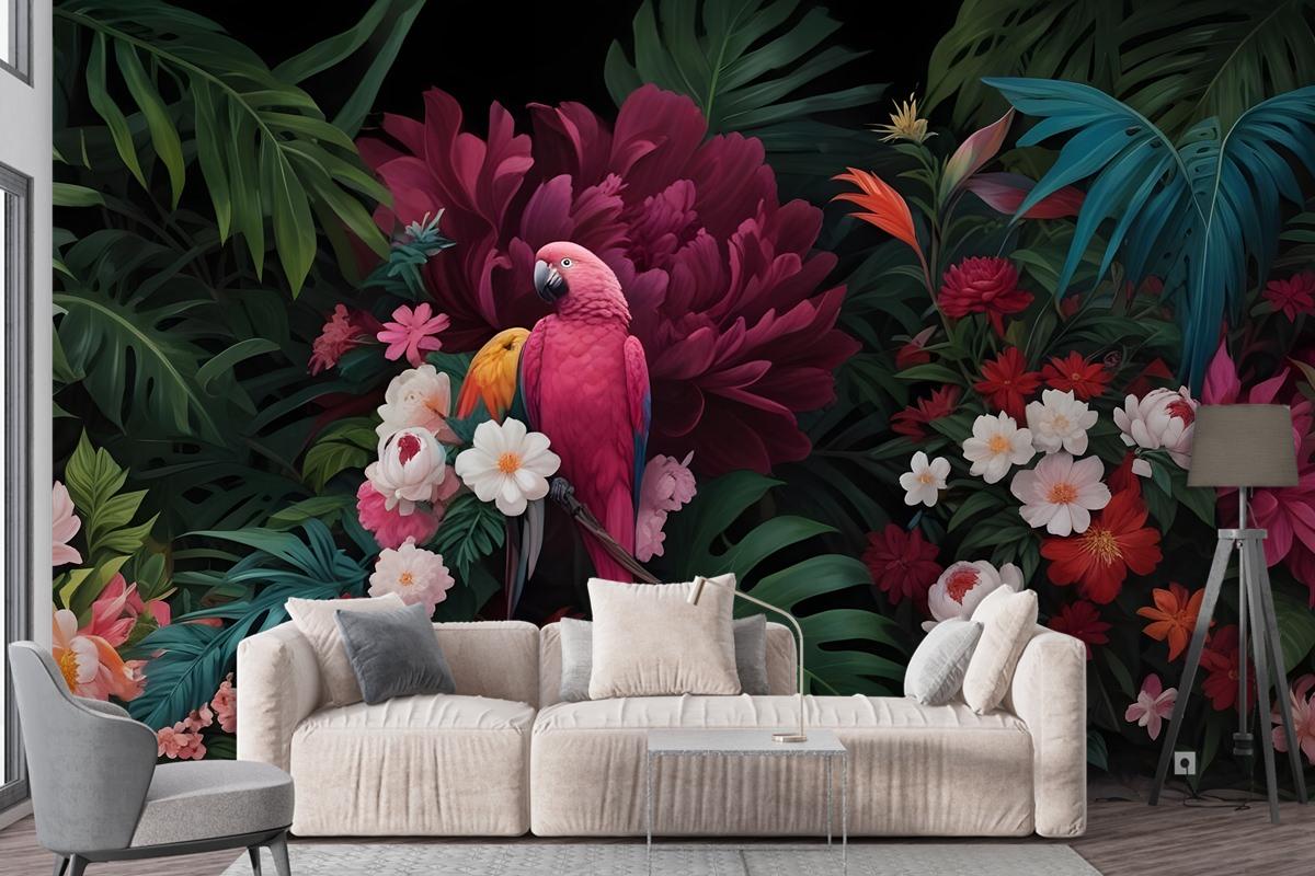 Pink Parrot With Colorful Floral Wallpaper Mural