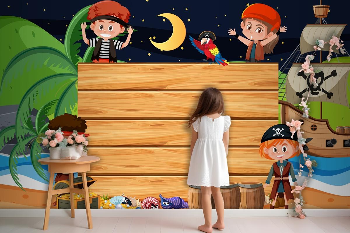 Pirate Kids At The Beach Night Scene With An Empty Wooden Wallpaper Mural