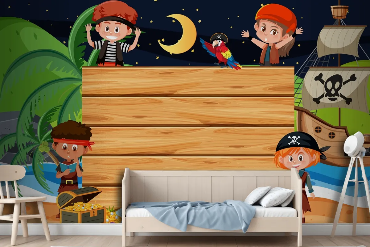 Pirate Kids At The Beach Night Scene With An Empty Wooden Wallpaper Mural