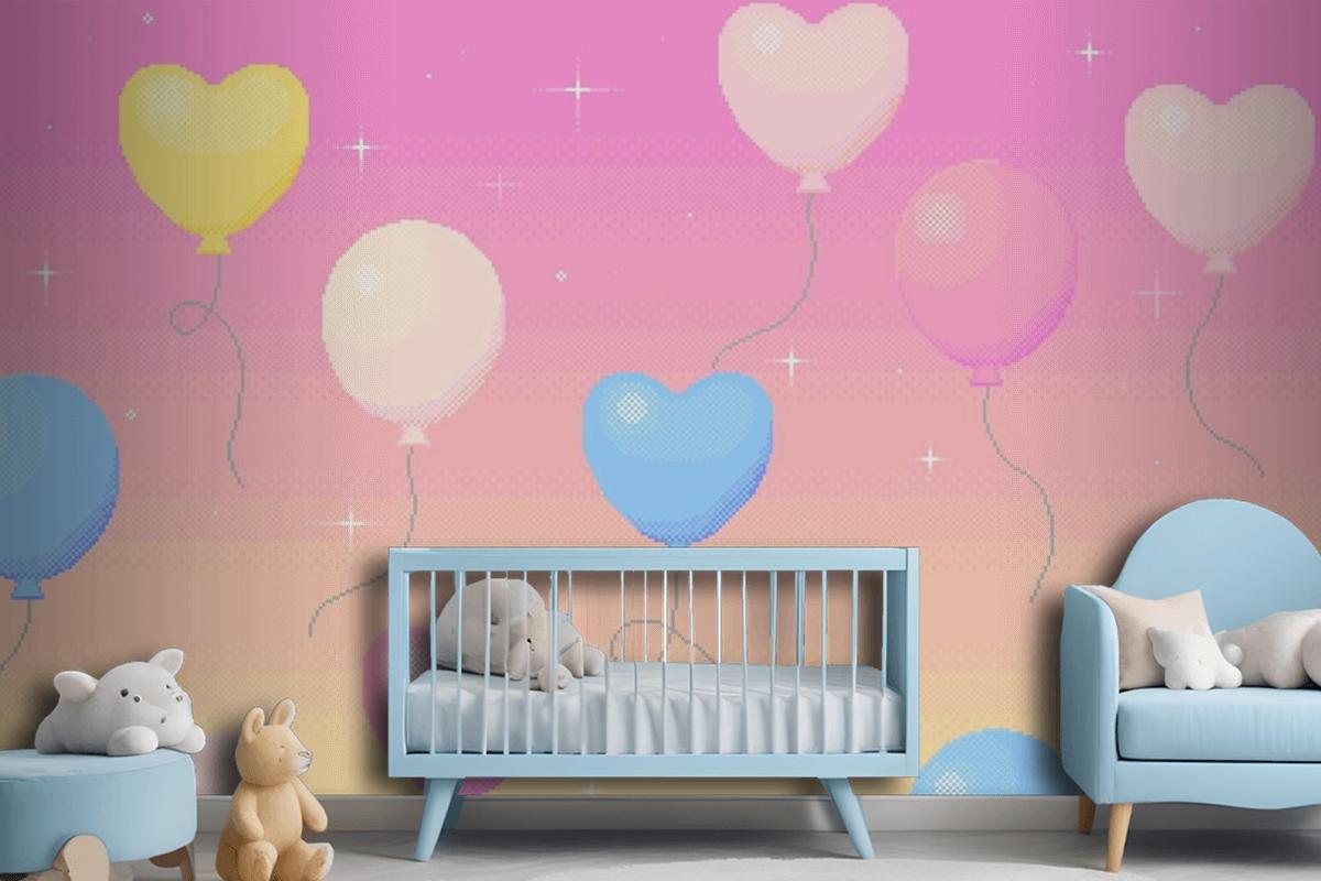 Pixel Art Background Of Balloons Flying In The Dreamy Sky Wallpaper Mural