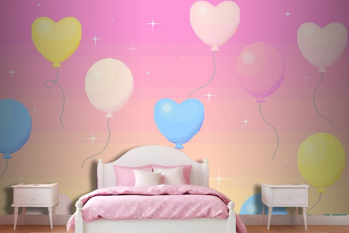 Pixel Art Background Of Balloons Flying In The Dreamy Sky Wallpaper Mural