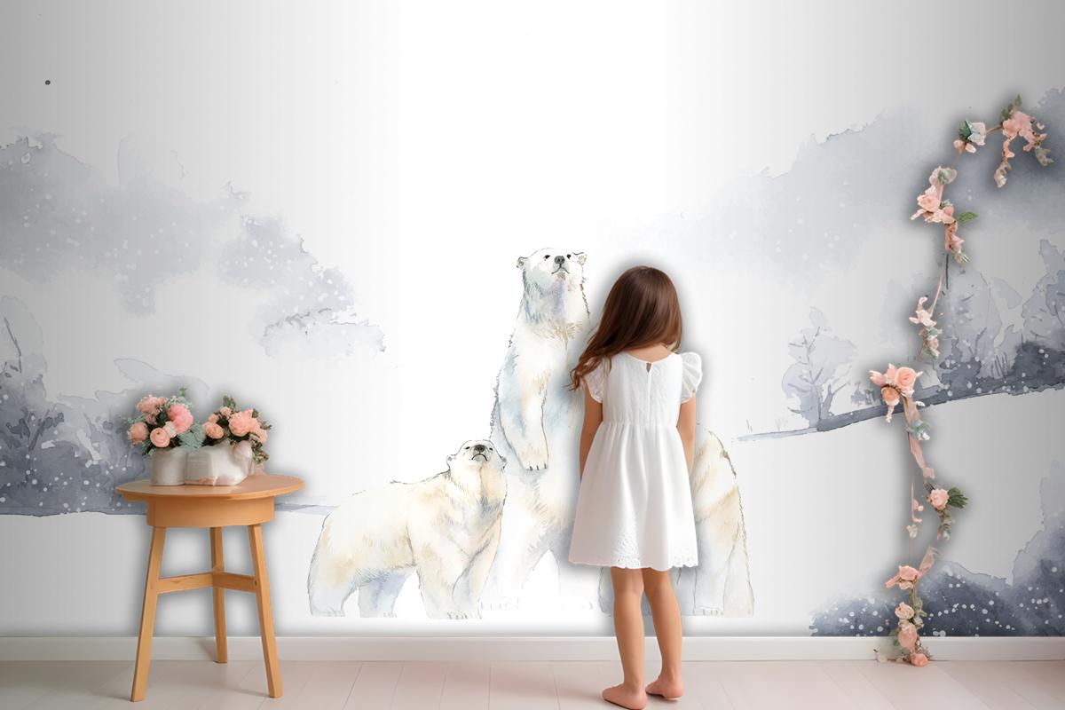 Polar Bears In The Snow Watercolor Wallpaper Mural