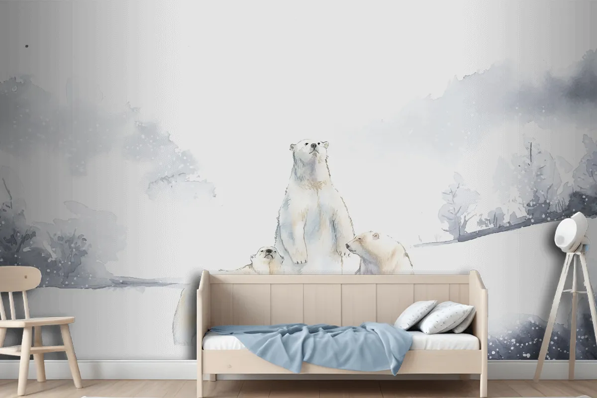 Polar Bears In The Snow Watercolor Wallpaper Mural