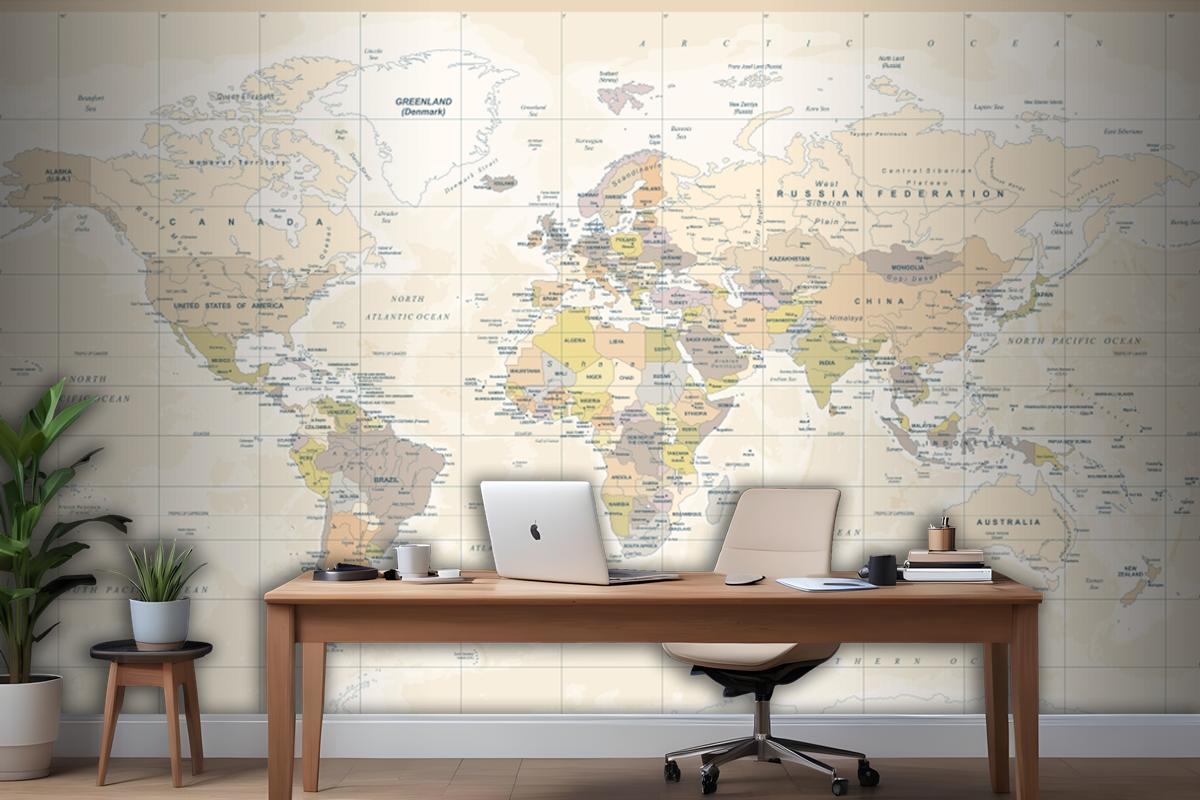 Political Physical Topographic Colored World Map Wallpaper Mural