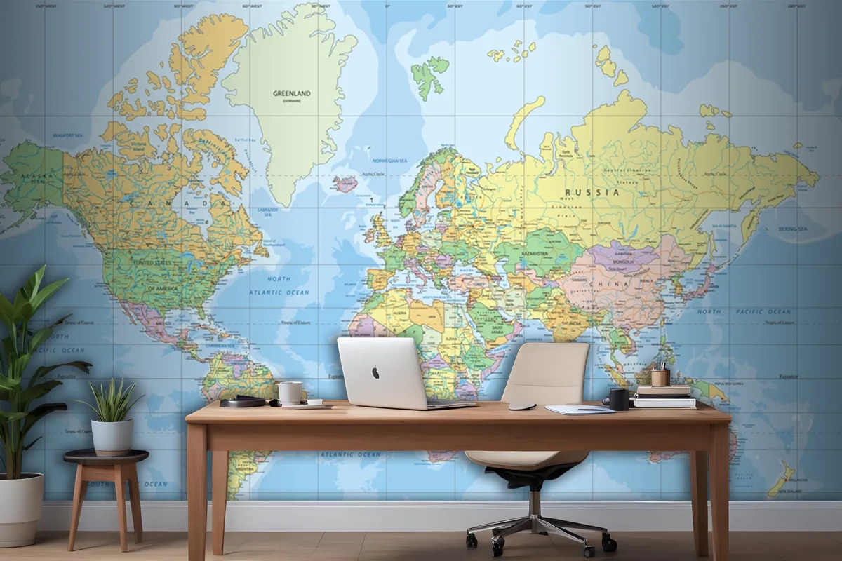 Political World Map In Mercator Projection Wallpaper Mural