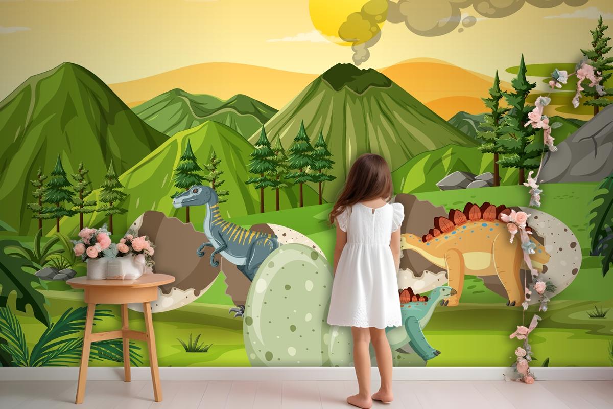 Prehistoric Forest With Dinosaur Cartoon Kids Wallpaper Mural