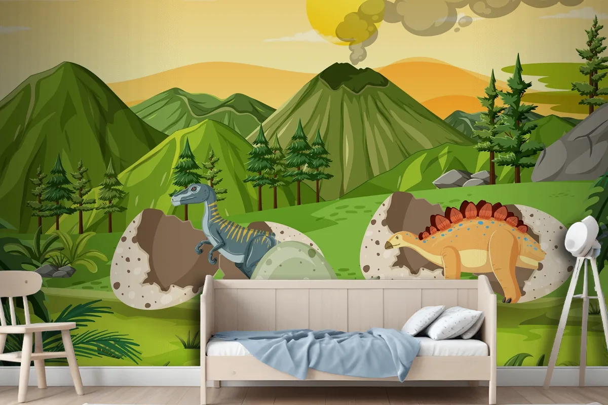 Prehistoric Forest With Dinosaur Cartoon Kids Wallpaper Mural