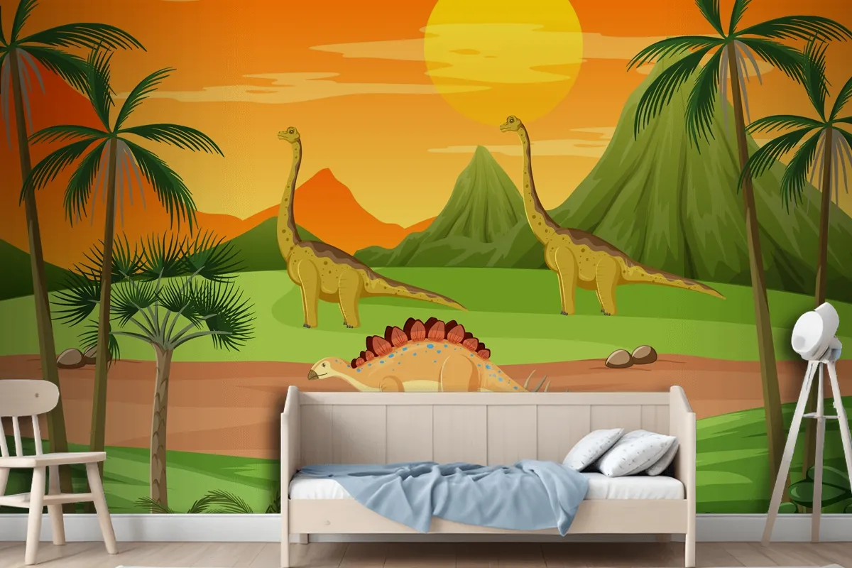 Prehistoric Forest With Dinosaur Cartoon Wallpaper Mural