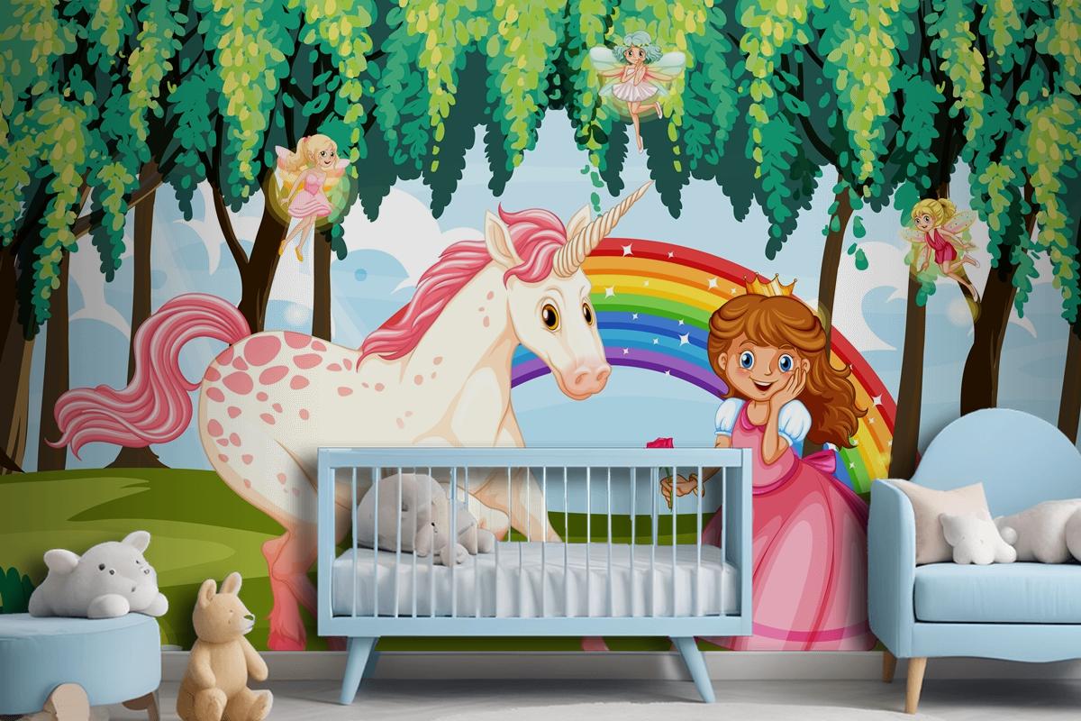 Princess And Unicorn In Enchanted Forest Background Wallpaper Mural