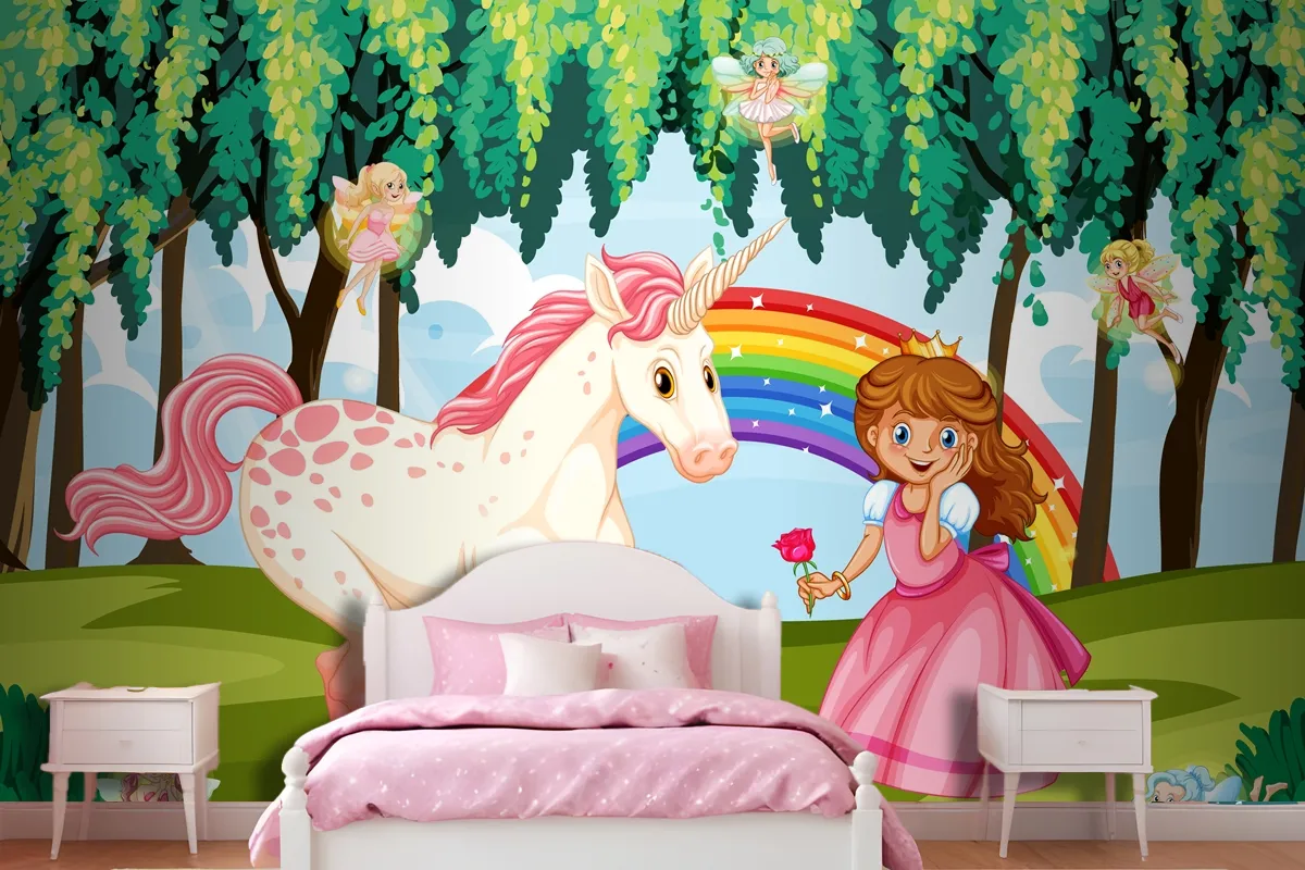 Princess And Unicorn In Enchanted Forest Background Wallpaper Mural