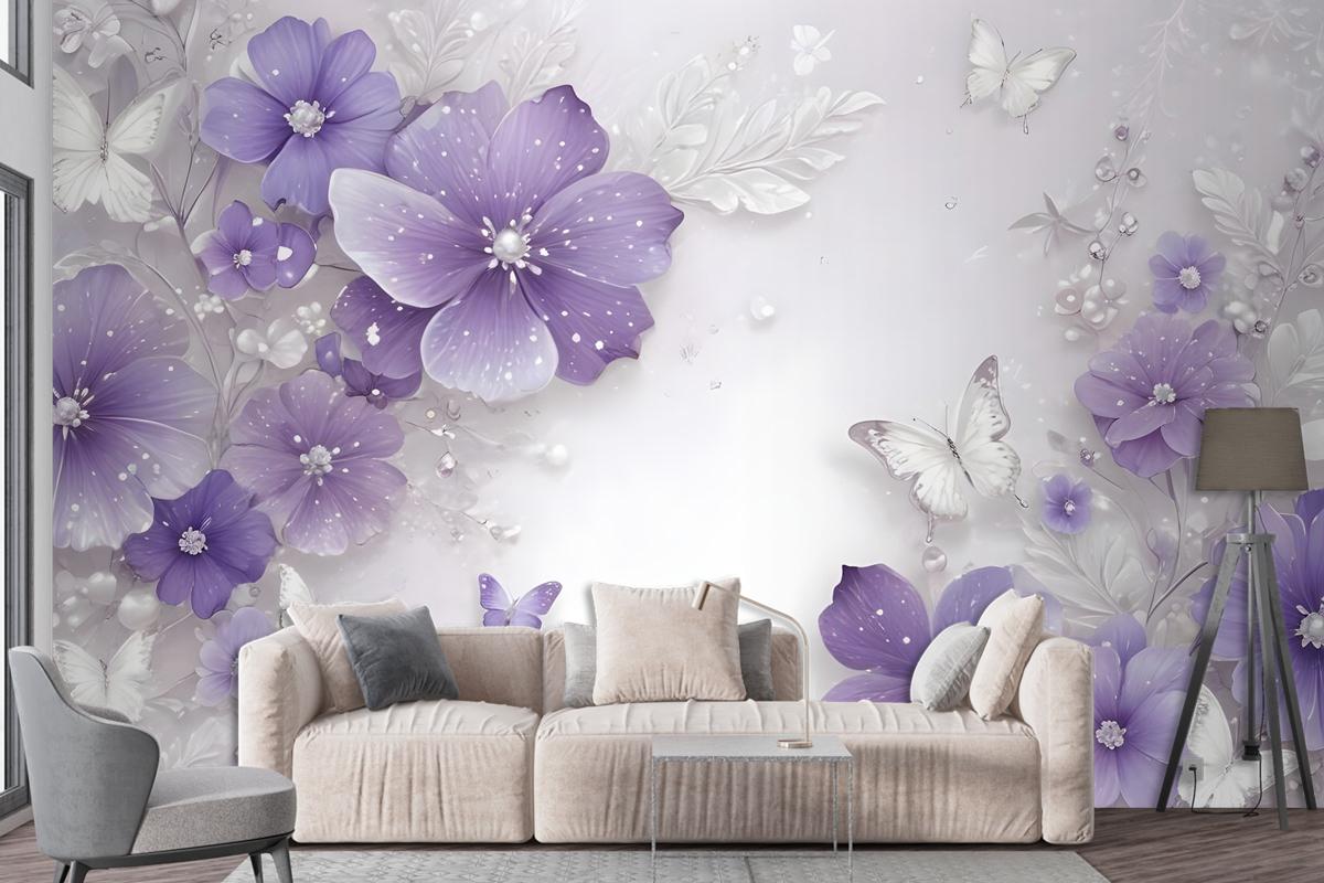 Purple Swarovski Floral With Little Butterfly Wallpaper Mural