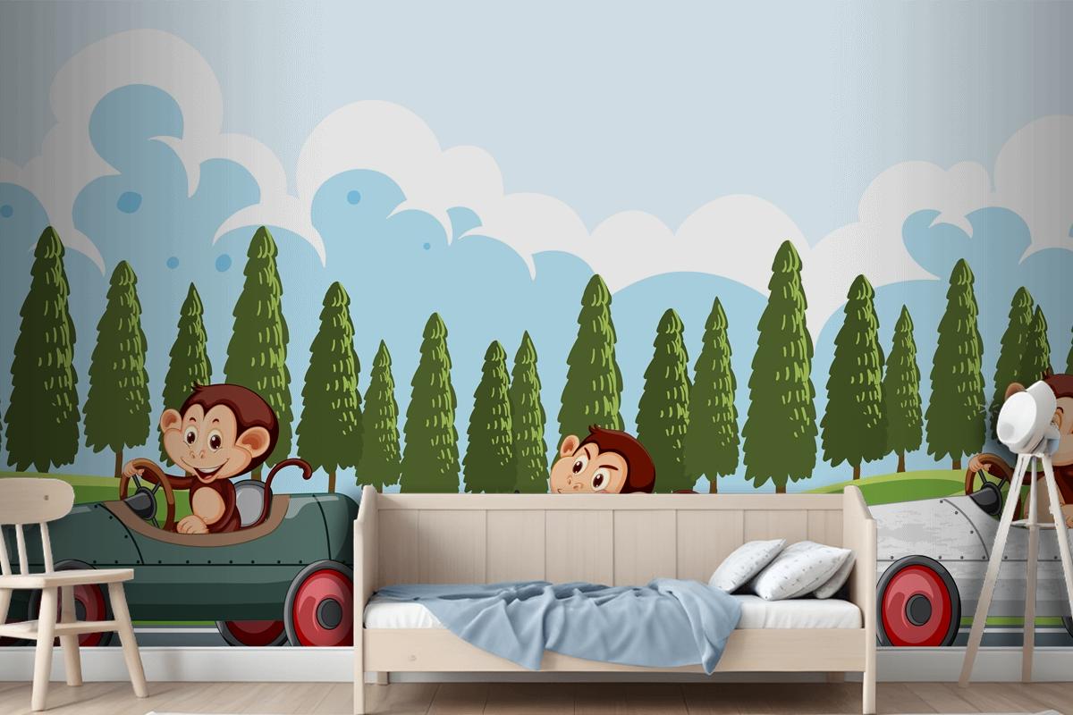 Race Track Scene With Monkey Racing Drivers Wallpaper Mural