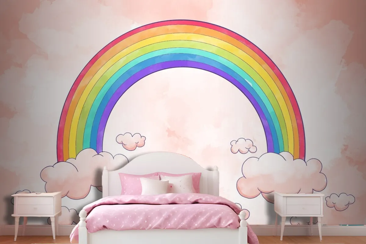 Rainbow With Clouds Watercolor Style Wallpaper Mural