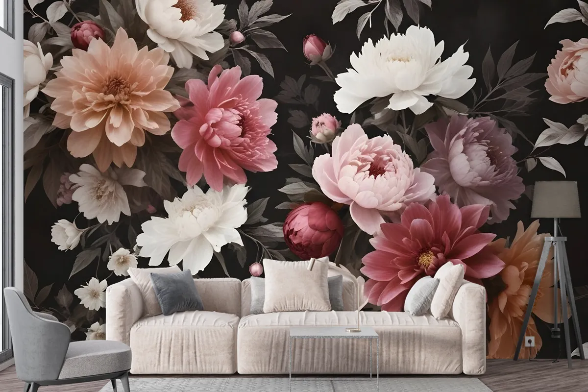 Realistic Dark Floral Wallpaper Mural