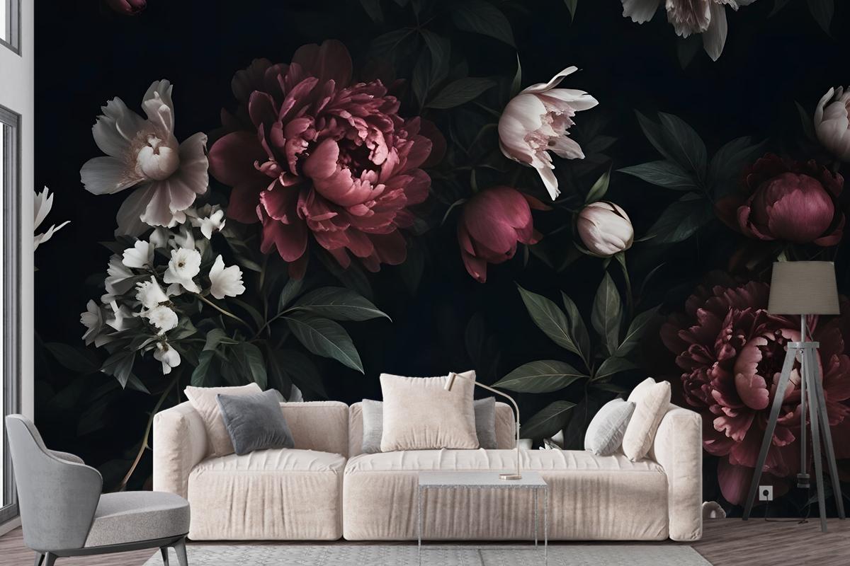 Realistic Dark Peony Floral Bouquet Wallpaper Mural