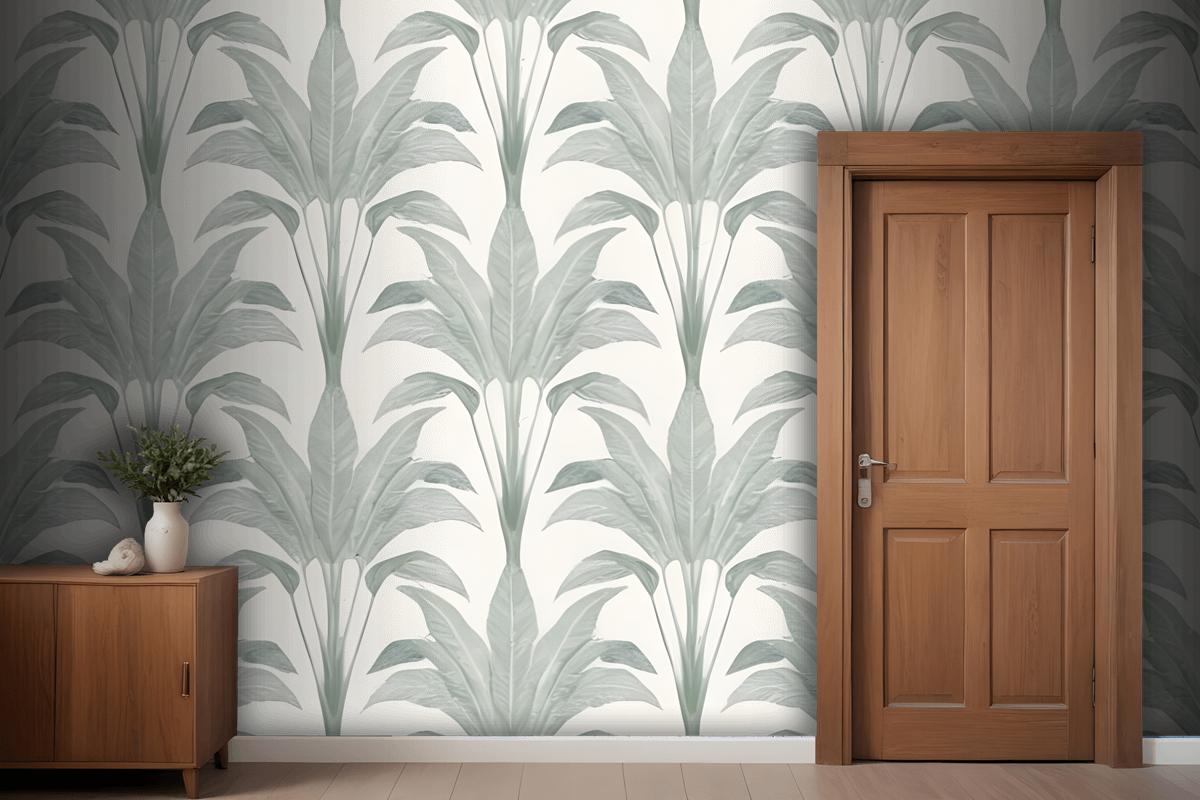 Repeating Pattern Of Large Green Palm Leaves Or Fronds Against A Light Gray Wallpaper Mural