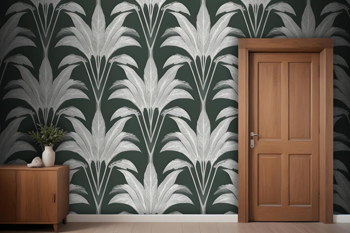 Repeating Pattern Of Leaflike Shapes In Shades Of Gray And White Against A Dark Green Wallpaper Mural