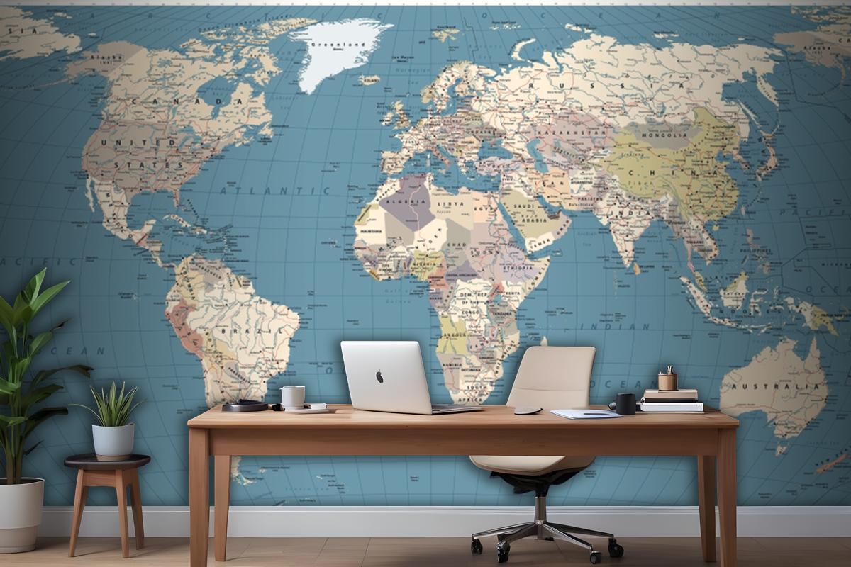 Retro Color World Map Borders Countries Roads And Cities Wallpaper Mural