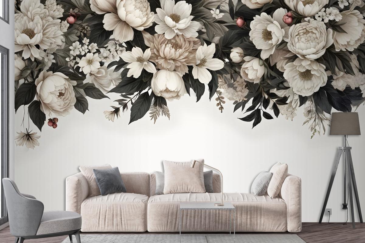 Retro Dark White Flowers Wallpaper Mural