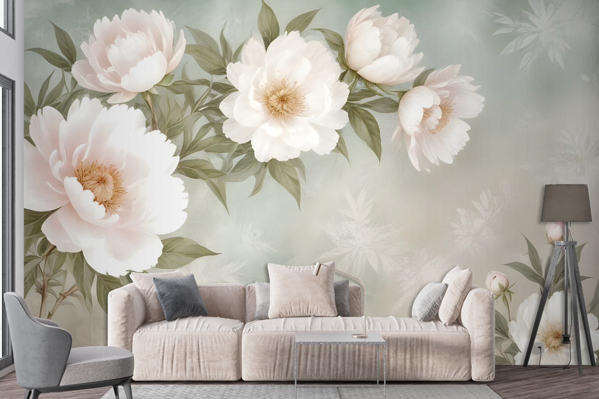 Retro Oil Painting White Flowers Wallpaper Mural