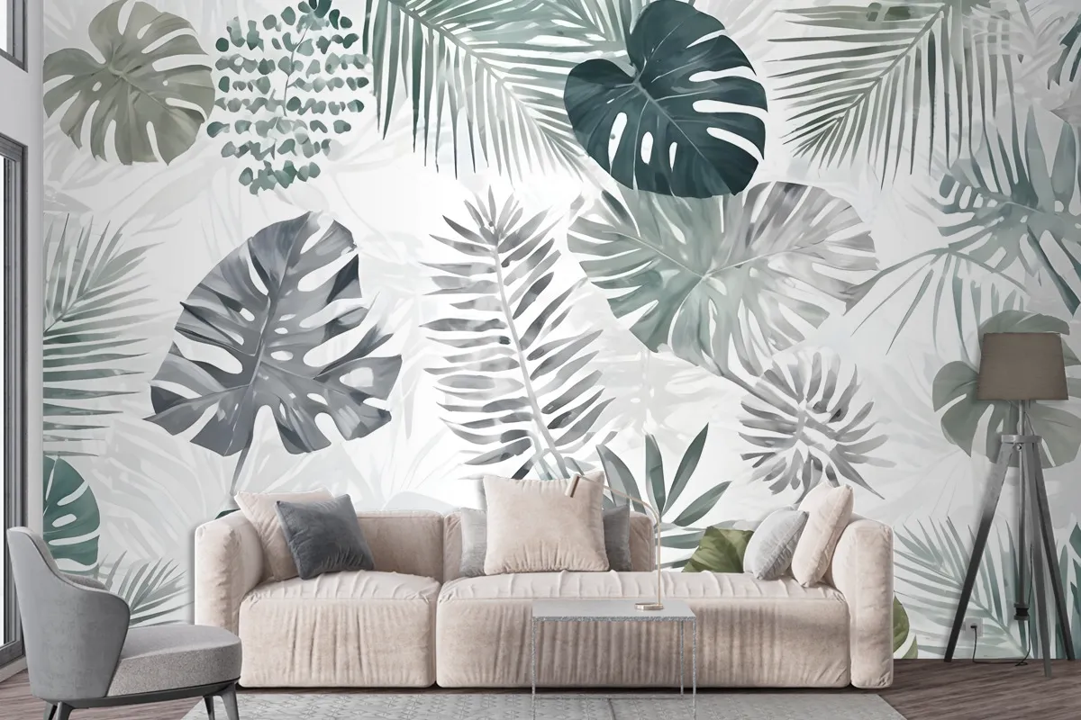 Retro Tropical Leaf Pattern Wallpaper Mural