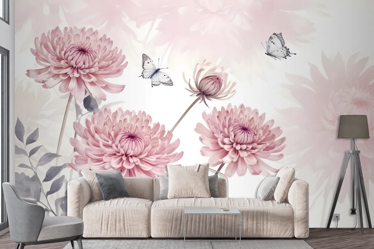 Retro Watercolor Pink Dandelion Flower Art Wallpaper Mural