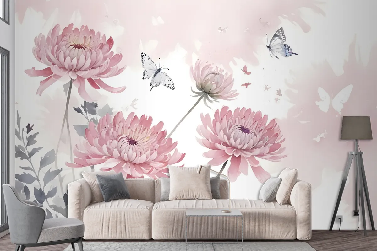 Retro Watercolor Pink Dandelion Flower Art Wallpaper Mural