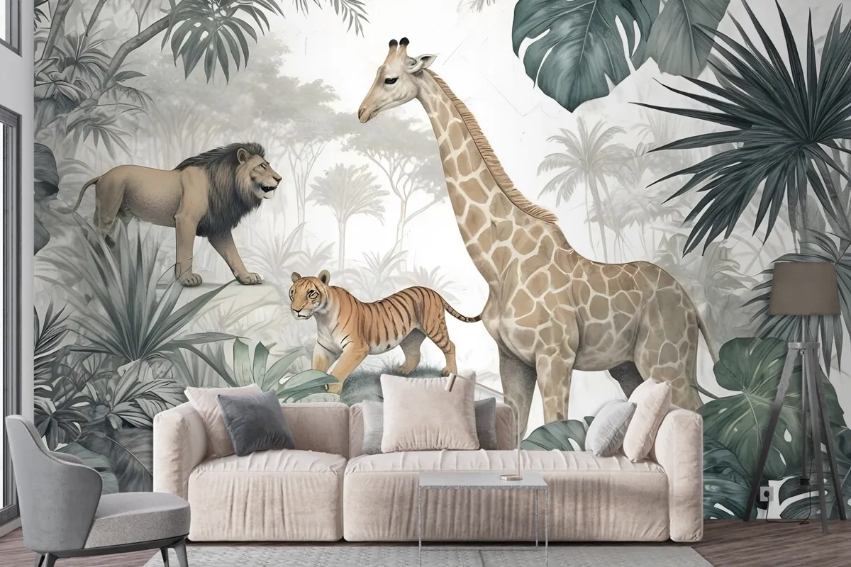 Retro Wild Animals With Tropical Leaves Wallpaper Mural