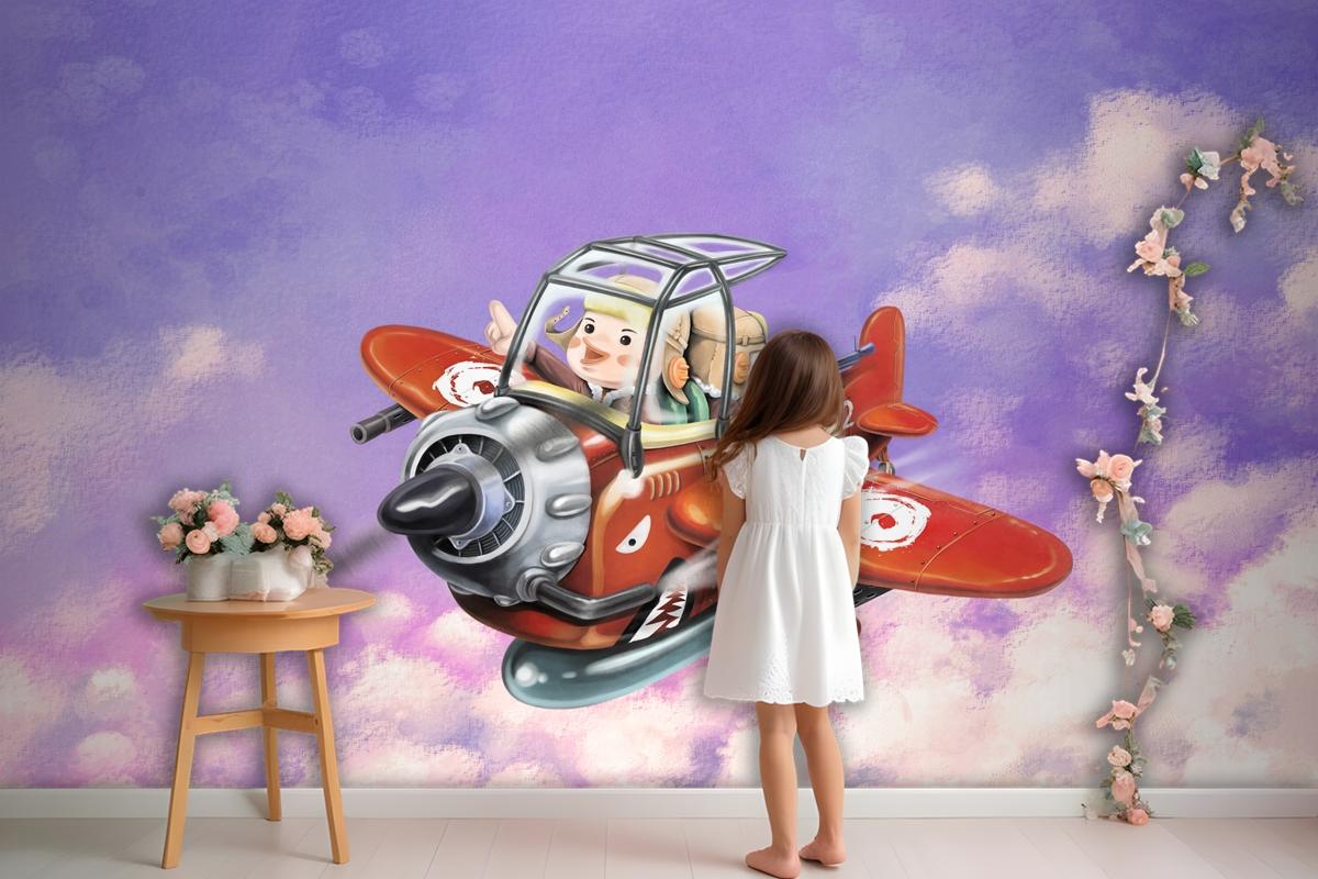 Riding A Red Plane Fly In The Sky Two Aviators Wallpaper Mural