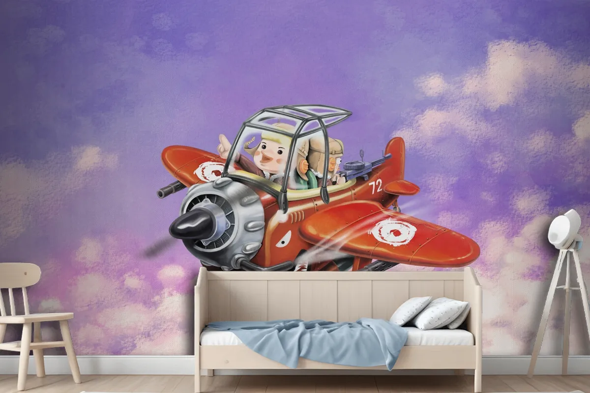 Riding A Red Plane Fly In The Sky Two Aviators Wallpaper Mural