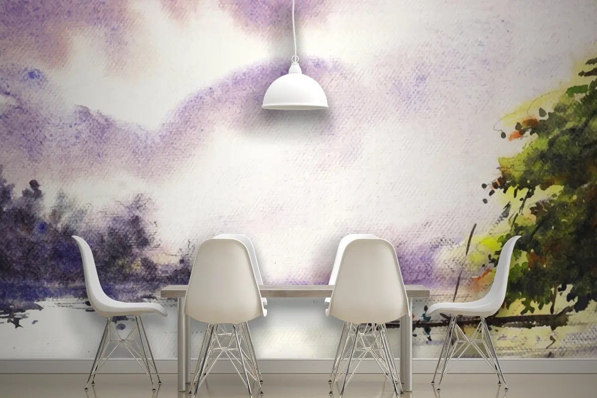 River And Life Hand Paint Watercolor Art Wallpaper Mural