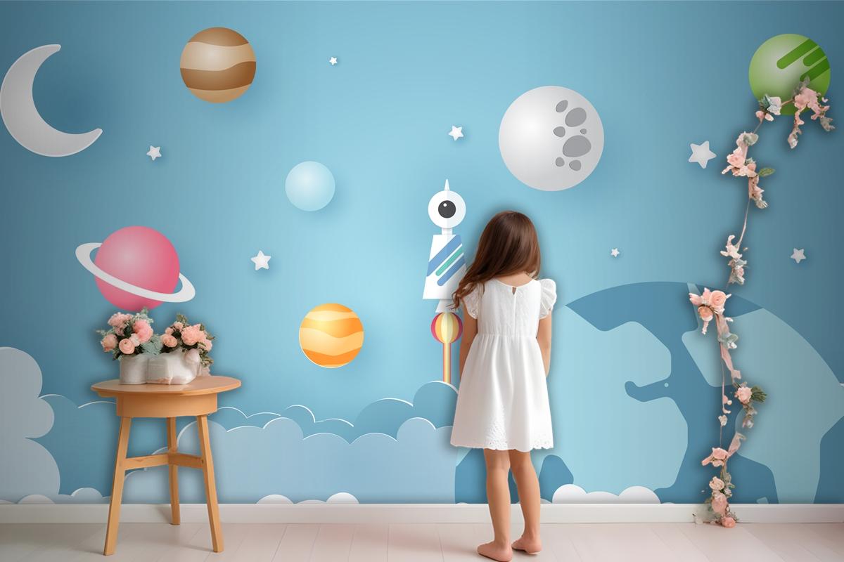 Rocket Is Surrounded By Various Celestial Objects Such As Planets Wallpaper Mural