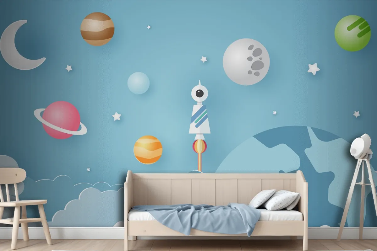 Rocket Is Surrounded By Various Celestial Objects Such As Planets Wallpaper Mural