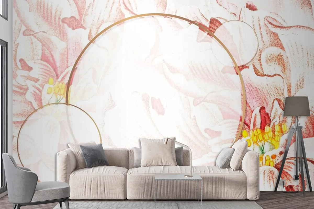 Round Floral Peony Frame Wallpaper Mural