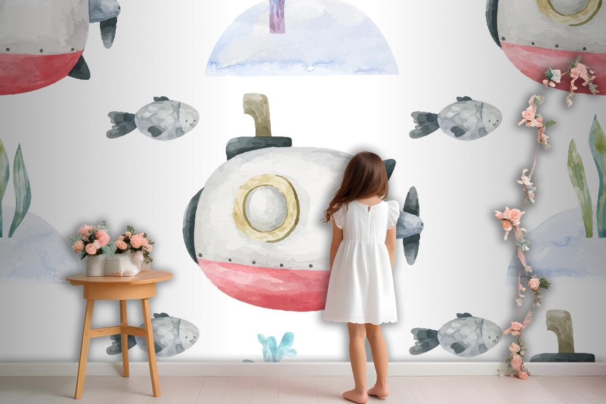 Seamless Background With Red Submarine And Underwater Wallpaper Mural