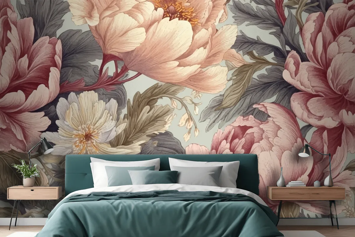 Seamless Boho Floral Pattern With Pink Peony Flowers Wallpaper Mural