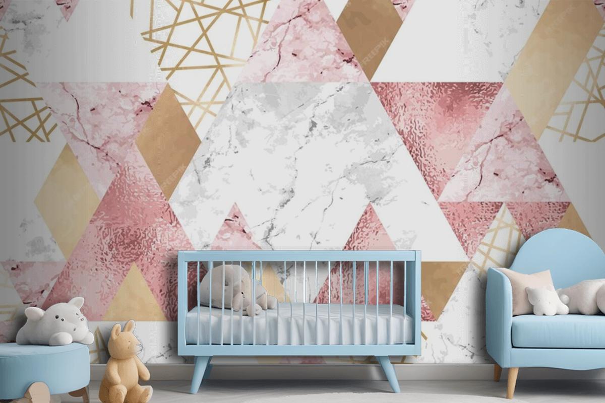 Seamless Geometric Pattern With Metallic Lines Rose Gold Gray And Pink Marble Triangles Wallpaper Mural