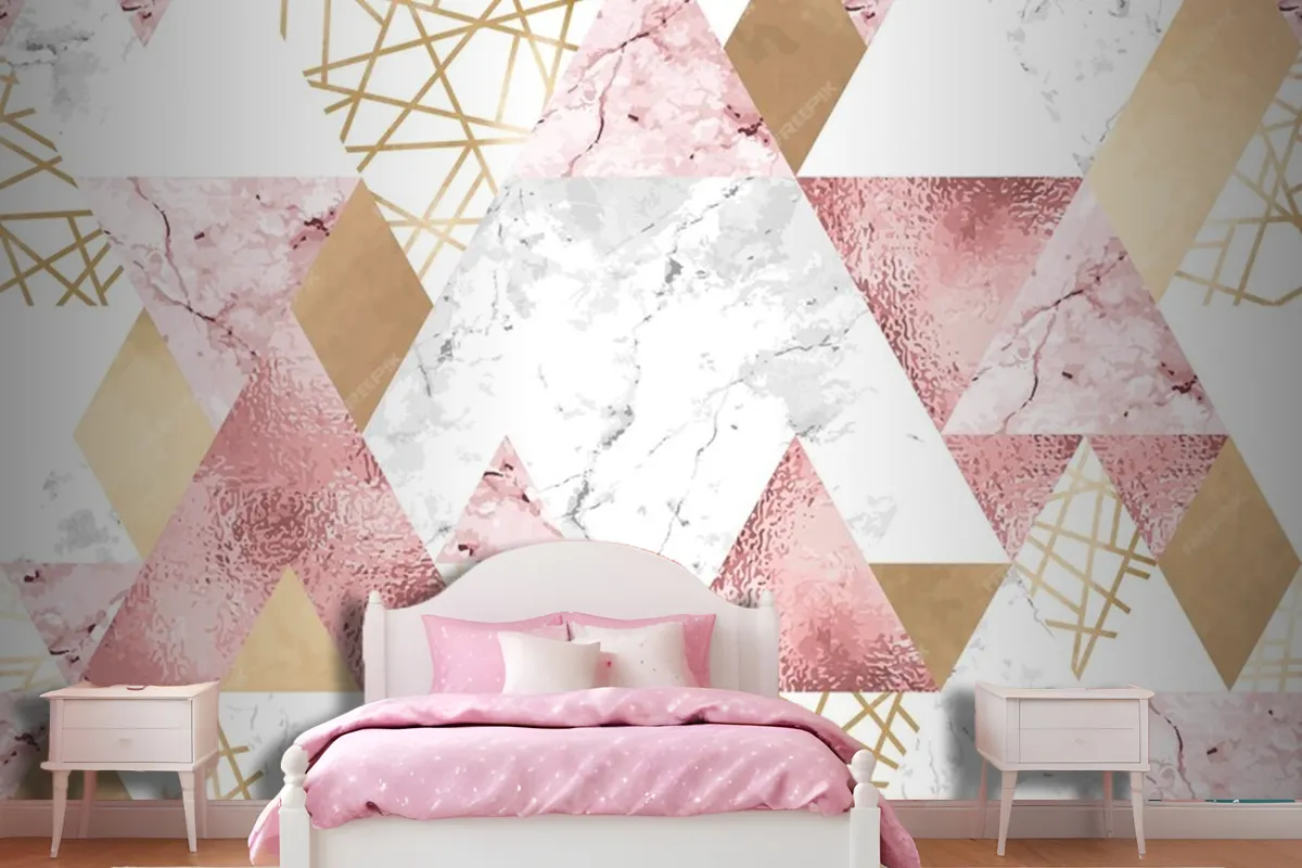 Seamless Geometric Pattern With Metallic Lines Rose Gold Gray And Pink Marble Triangles Wallpaper Mural