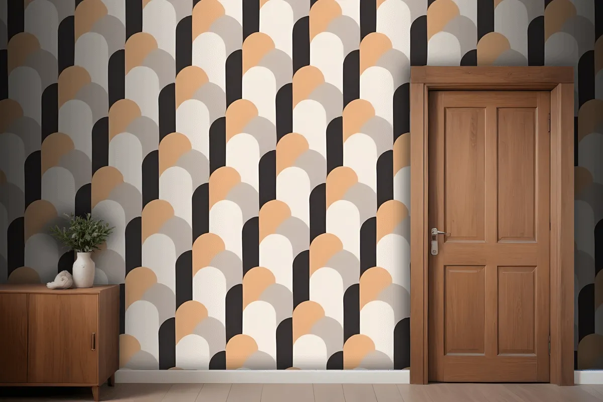 Seamless Geometric Pattern With Overlapping Semicircular Shapes In Shades Of Orange Gray And Black Wallpaper Mural