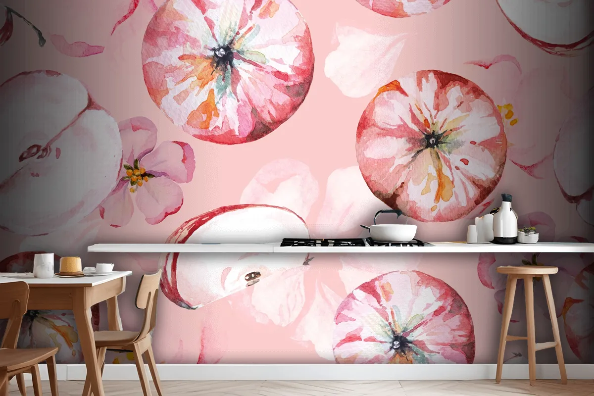 Seamless Pattern Apple And Flower Painted Wallpaper Mural