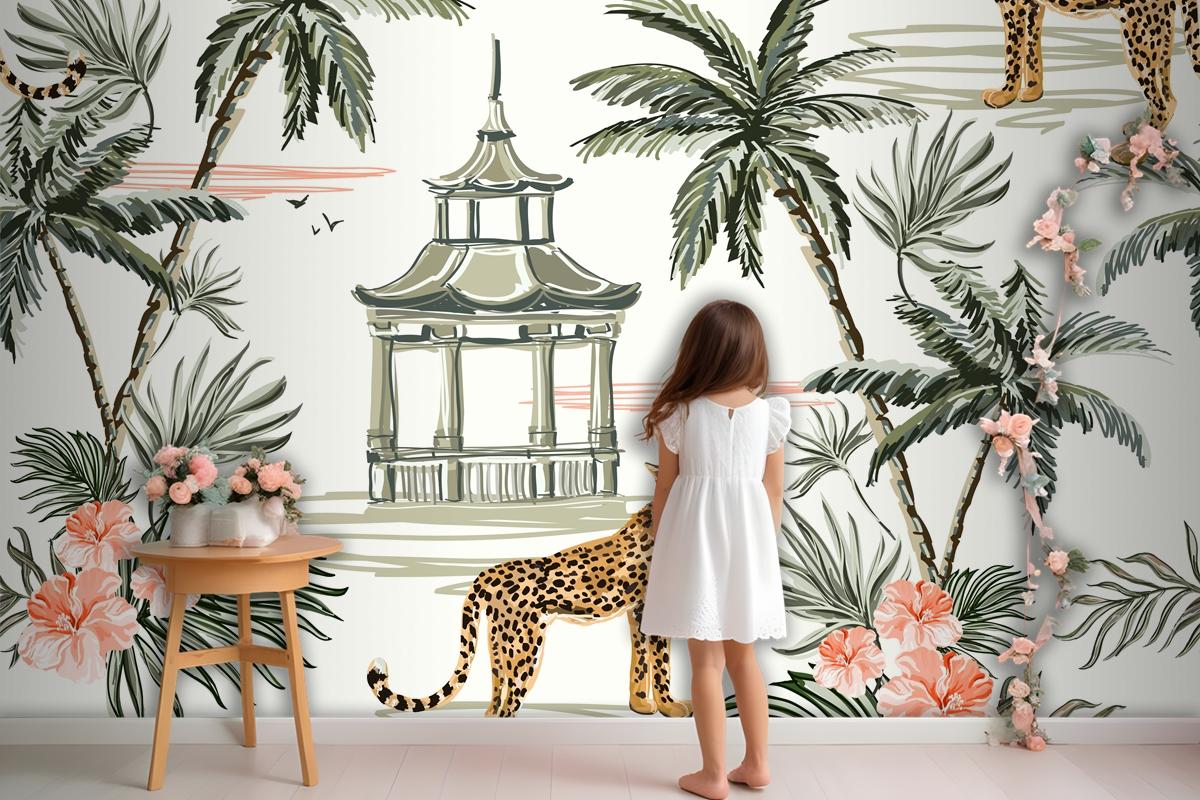 Seamless Pattern Background With Coconut Palm Trees Leopard Wallpaper Mural