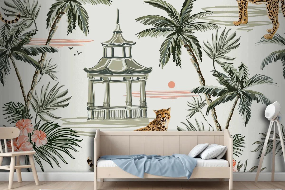 Seamless Pattern Background With Coconut Palm Trees Leopard Wallpaper Mural