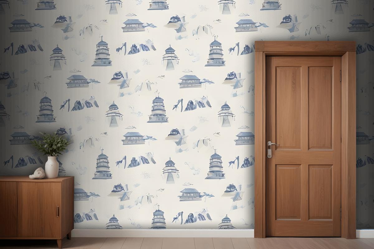 Seamless Pattern Featuring Various Icons In Shades Wallpaper Mural